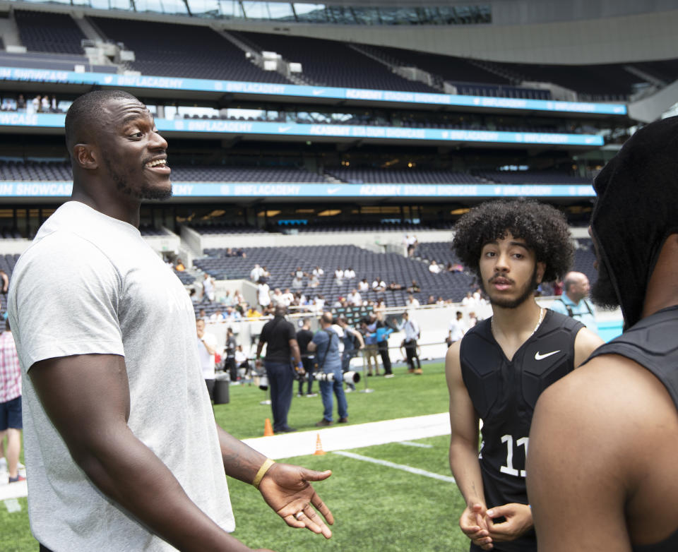 Efe Obada at the NFL Academy trails at the Tottenaham Hotspur stadium (NFL/Sean Ryan)