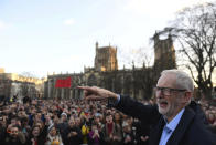 FILE - In this Monday, Dec. 9, 2019 file photo Labour Party leader Jeremy Corbyn speaks at a rally outside Bristol City Council while on the General Election campaign trail, in Bristol, England. (Joe Giddens/PA via AP)