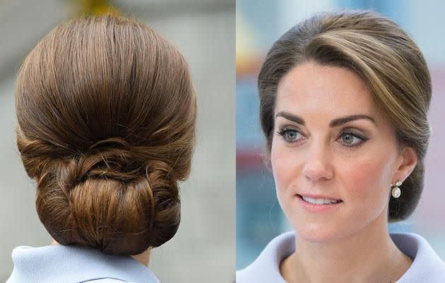 Kate used a hairnet to keep her 'do in place while in the Netherlands this week. Photo: Getty images