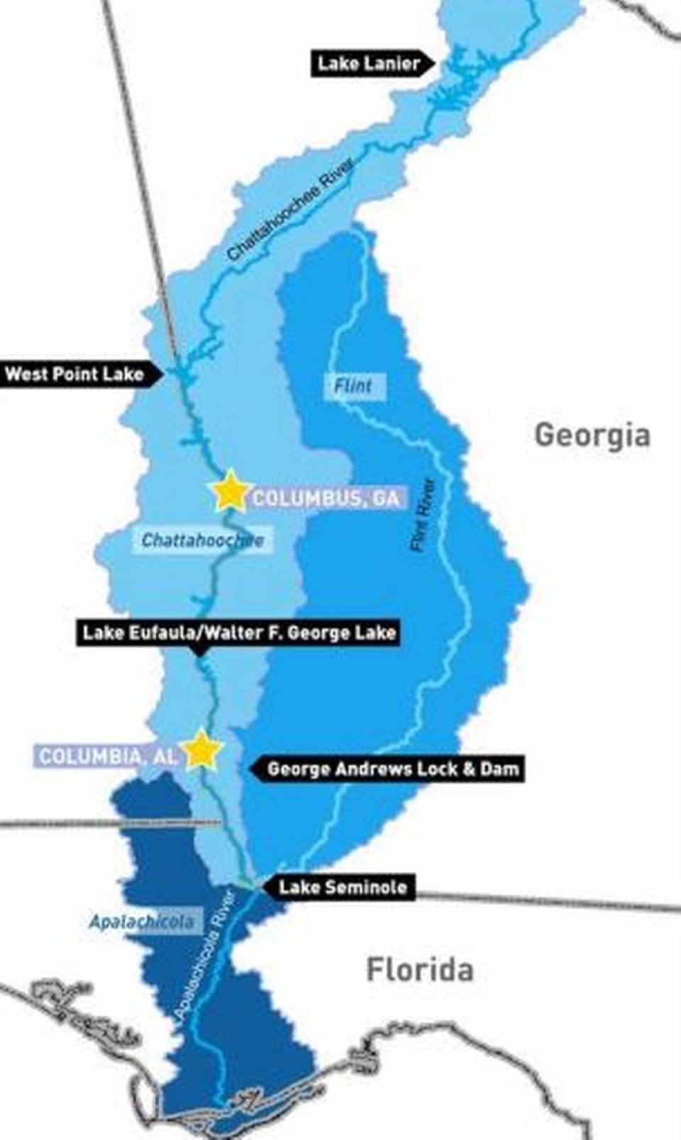 The Apalachicola-Chattahoochee-Flint (ACF) River Basin highlights two spots on the Chattahoochee where water flow minimums could occur from the new proposal.