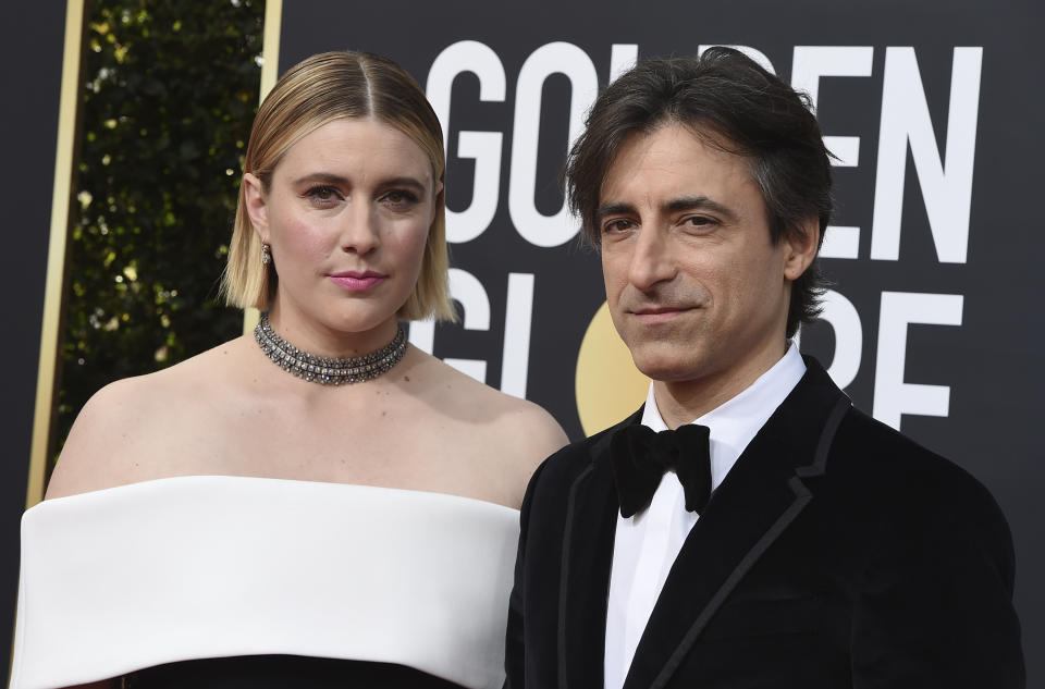 FILE - This Jan. 5, 2020 file photo shows director Greta Gerwig, left, and Noah Baumbach at the 77th annual Golden Globe Awards in Beverly Hills, Calif. Both Gerwig and Baumback failed to receive Oscar nominations for best director for their film "Little Women" and "Marriage Story," respectively, but they did receive nominations for adapted screenplay for Gerwig and original screenplay for Baumbauch. (Photo by Jordan Strauss/Invision/AP)