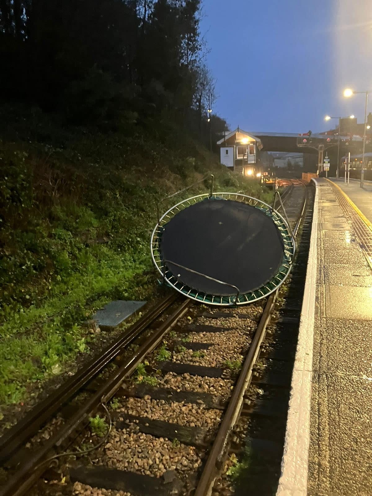 A trampoline blown onto tracks during Storm Ciaran at Hastings (Southeastern / Twitter)