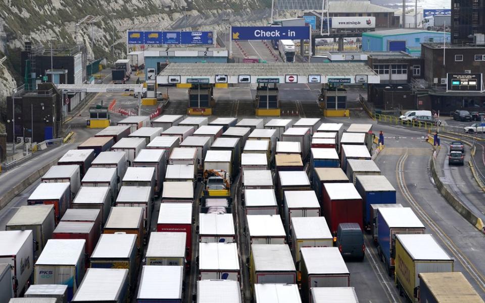 Lorry queues at the entrance to the port of Dover in Kent, caused by the natural increase of traffic following on from the Christmas/new year break (Gareth Fuller/PA) (PA Wire)