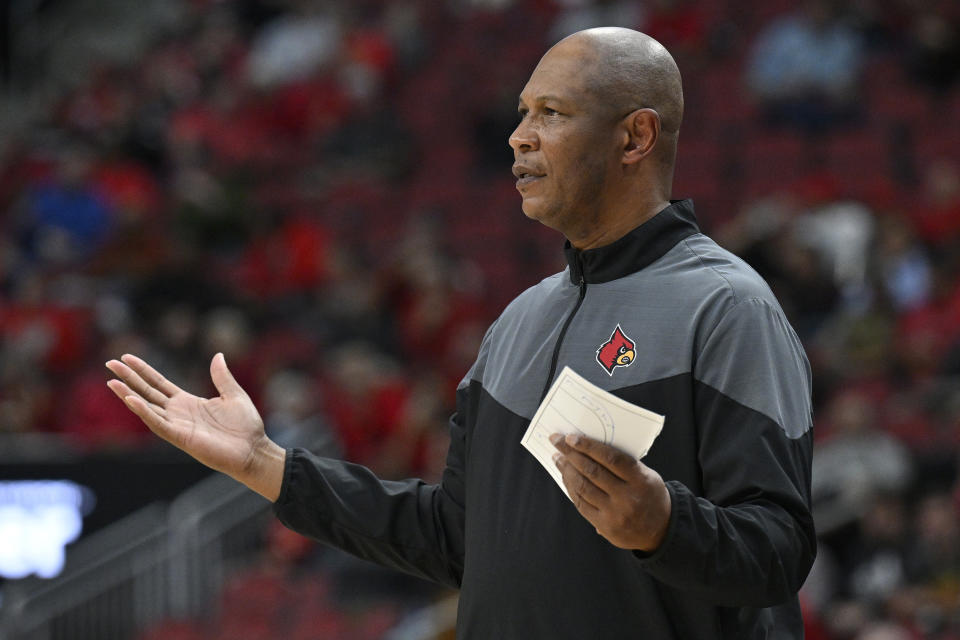 Nov 29, 2022; Louisville, Kentucky, USA;  Louisville Cardinals head coach Kenny Payne reacts during the second half against the Maryland Terrapins at KFC Yum! Center. Maryland defeated Louisville 79-54. Mandatory Credit: Jamie Rhodes-USA TODAY Sports