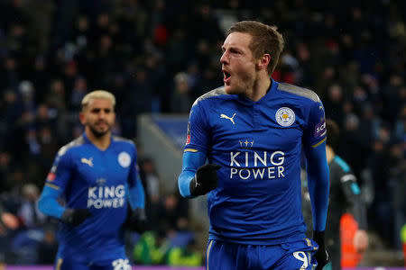 Soccer Football - FA Cup Quarter Final - Leicester City vs Chelsea - King Power Stadium, Leicester, Britain - March 18, 2018 Leicester City's Jamie Vardy celebrates scoring their first goal REUTERS/Andrew Yates