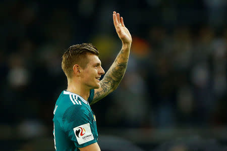 Soccer Football - International Friendly - Germany vs Spain - ESPRIT arena, Dusseldorf, Germany - March 23, 2018 Germany’s Toni Kroos salutes their fans after the match REUTERS/Thilo Schmuelgen