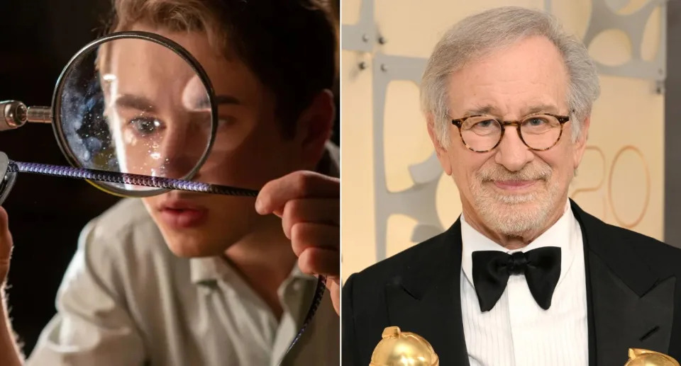 Gabriel LaBelle como Sammy Fabelman. Ao lado, Steven Spielberg no Globo de Ouro em 10 de janeiro de 2023 em Beverly Hills, Calif&#xf3;rnia. (Foto: Merie Weismiller Wallace/Divulga&#xe7;&#xe3;o/Michael Kovac/Getty Images)