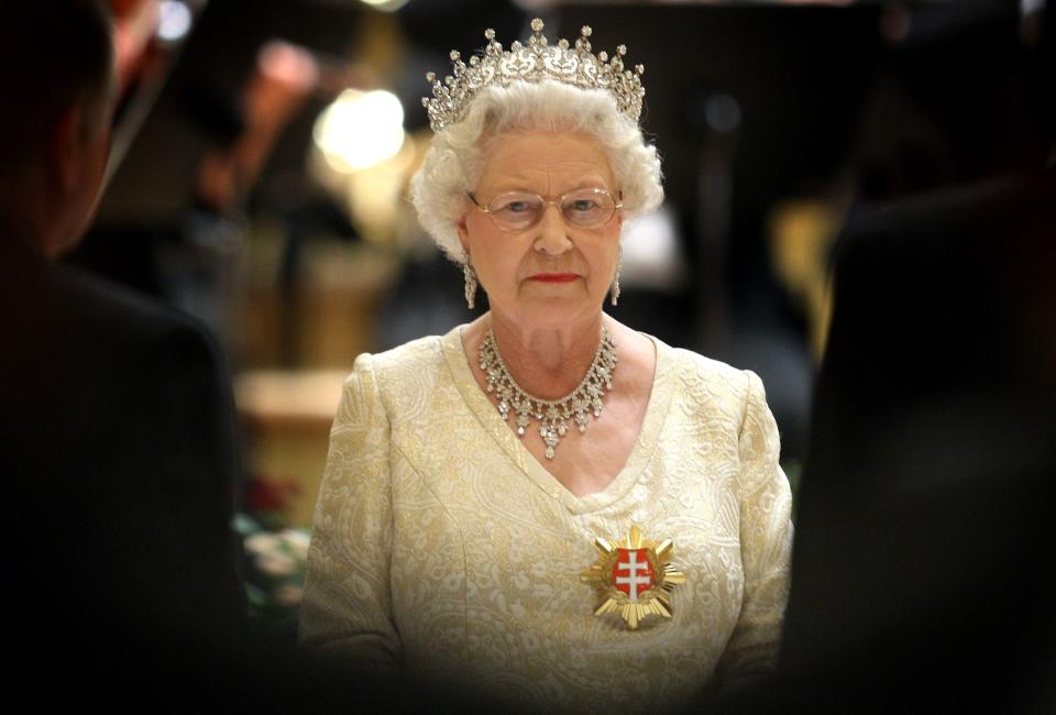 2008: Queen Elizabeth II attends a state banquet at the Philharmonic Hall on the first day of a tour of Slovakia on October 23, 2008, in Bratislava, Slovakia.