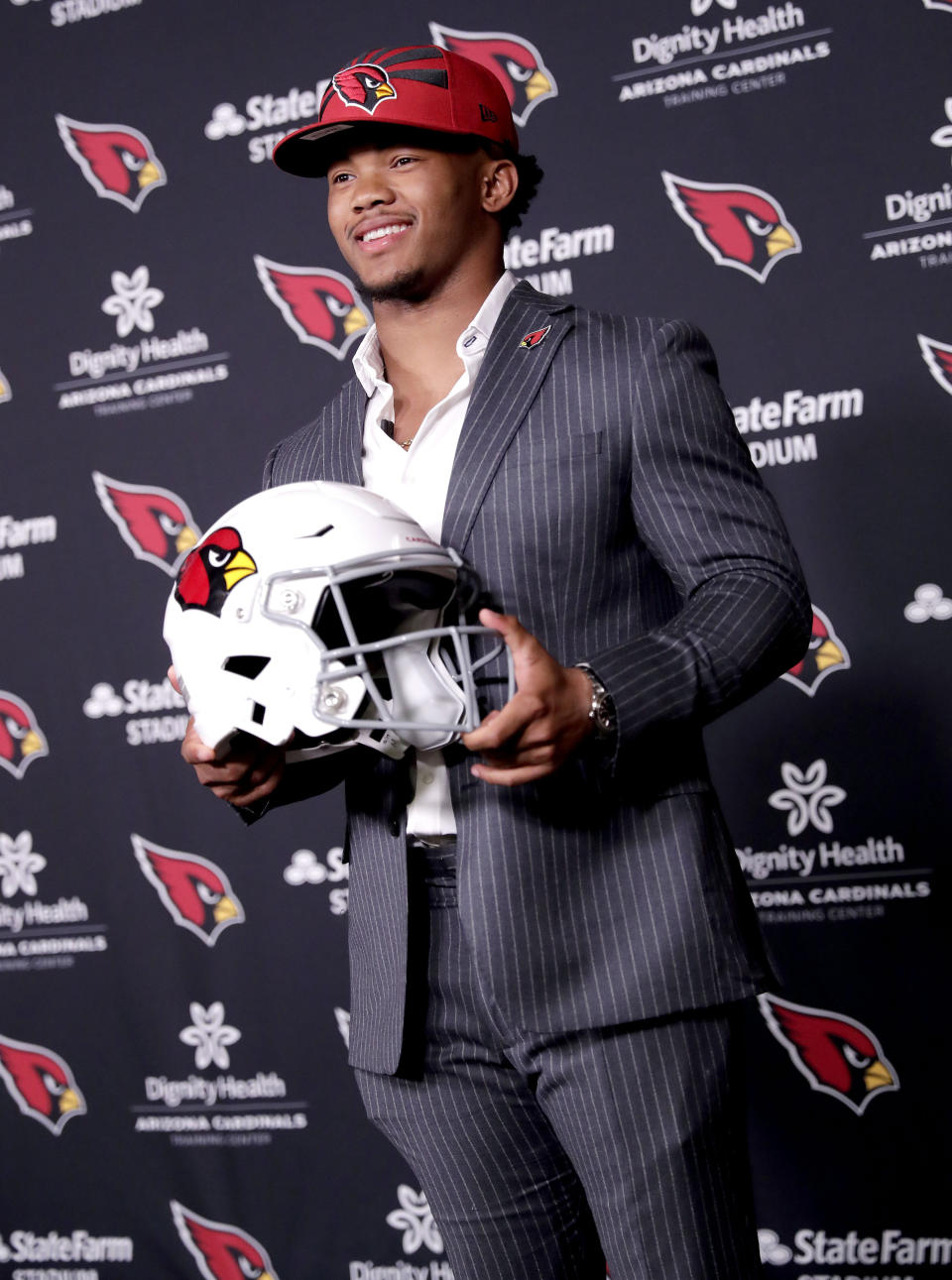 Arizona Cardinals NFL football quarterback Kyler Murray is introduced, Friday, April 26, 2019, at the Cardinals' practice facility in Tempe, Ariz. Murray was the first overall pick in the 2019 NFL Football draft. (AP Photo/Matt York)