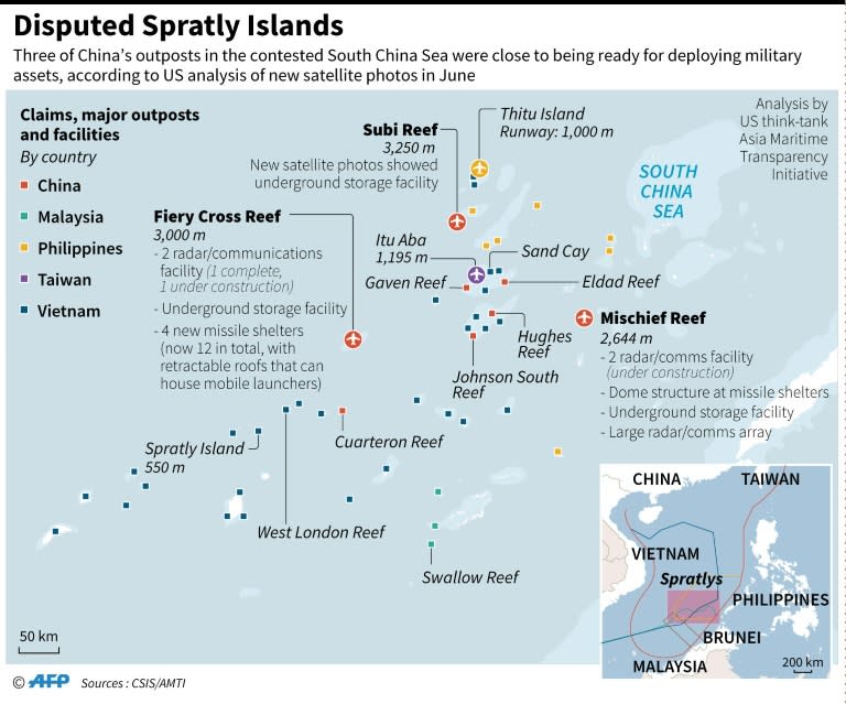 Map showing military assets built on disputed Spratly Islands by China, according to analysis published in June by US think-tank Asia Maritime Transparency Initiative