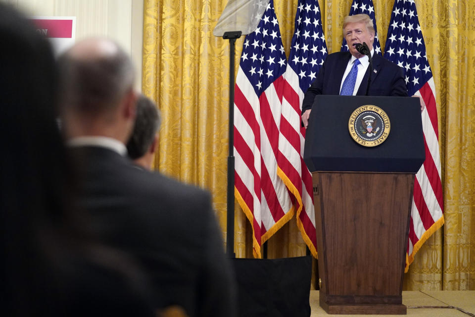 President Donald Trump speaks during an event on "Operation Legend: Combatting Violent Crime in American Cities," in the East Room of the White House, Wednesday, July 22, 2020, in Washington. (AP Photo/Evan Vucci)