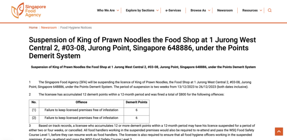 Ya Kun Family Cafe & King of Prawn Noodles suspension - SFA notice