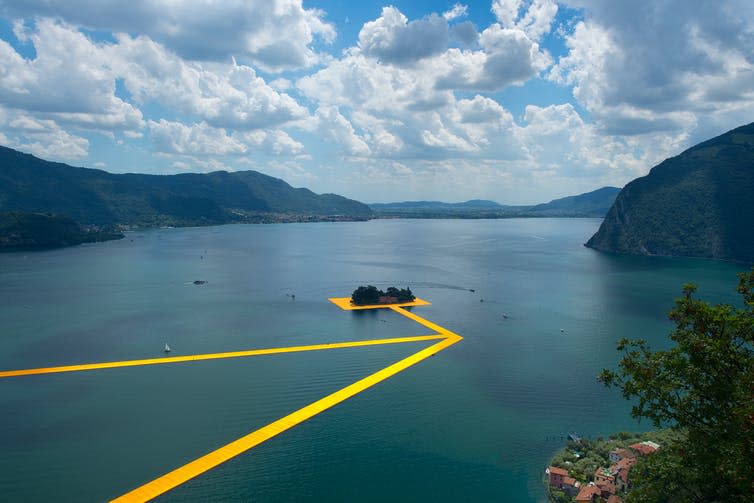 <span class="caption">The floating piers at Peschiera Maraglio in Italy, June 2016.</span> <span class="attribution"><span class="source">michelangeloop via Shutterstock</span></span>