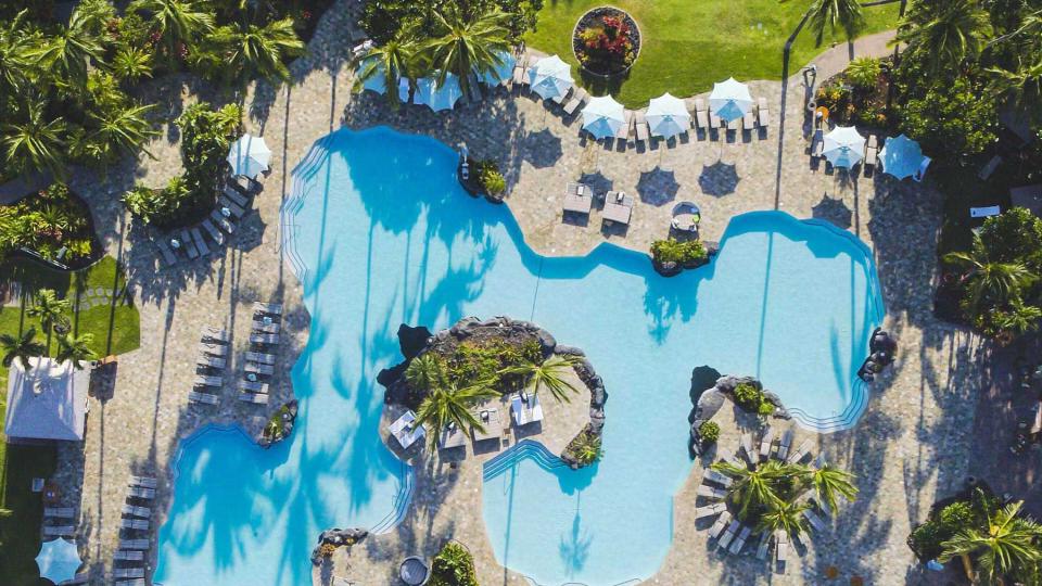 Aerial view of the pool at The Fairmont Orchid hotel, voted one of the best resorts and hotels in Hawaii