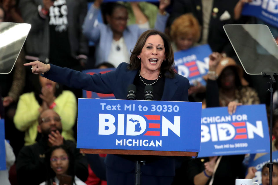 Sen. Kamala Harris (D-CA) introduces Democratic presidential candidate former Vice President Joe Biden at a campaign rally at Renaissance High School on March 09, 2020 in Detroit, Michigan. (Scott Olson/Getty Images)