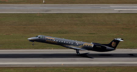 Brazil's Federal Police aircraft departures from Congonhas airport carrying billionaire Joesley Batista, one of the owners of JBS SA, the world's largest meatpacker, and executive Ricardo Saud who were arrested in Sao Paulo, Brazil September 11, 2017. REUTERS/Paulo Whitaker