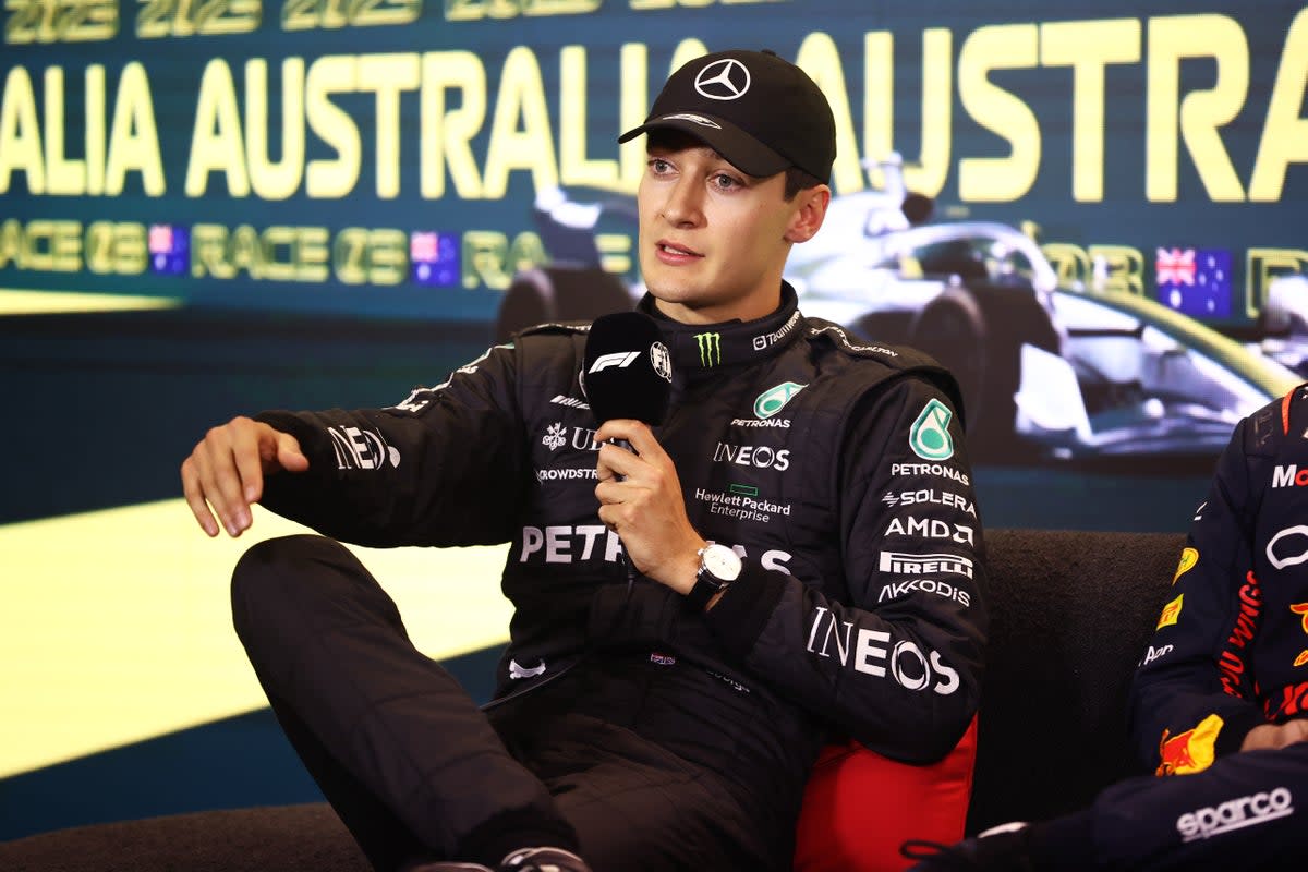 George Russell, pictured in the post-qualifying press conference, paused his interview with Sky (Getty Images)