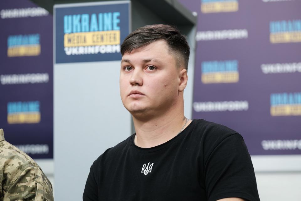 Russian Pilot Maksym Kuzminov during press conference with Ukrainian press on September 5, 2023 in Kyiv, Ukraine.