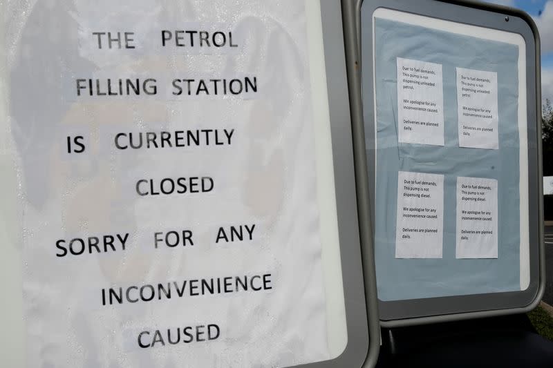 FILE PHOTO: Sign outside a Tesco petrol station that has run out of fuel, in Hemel Hempstead