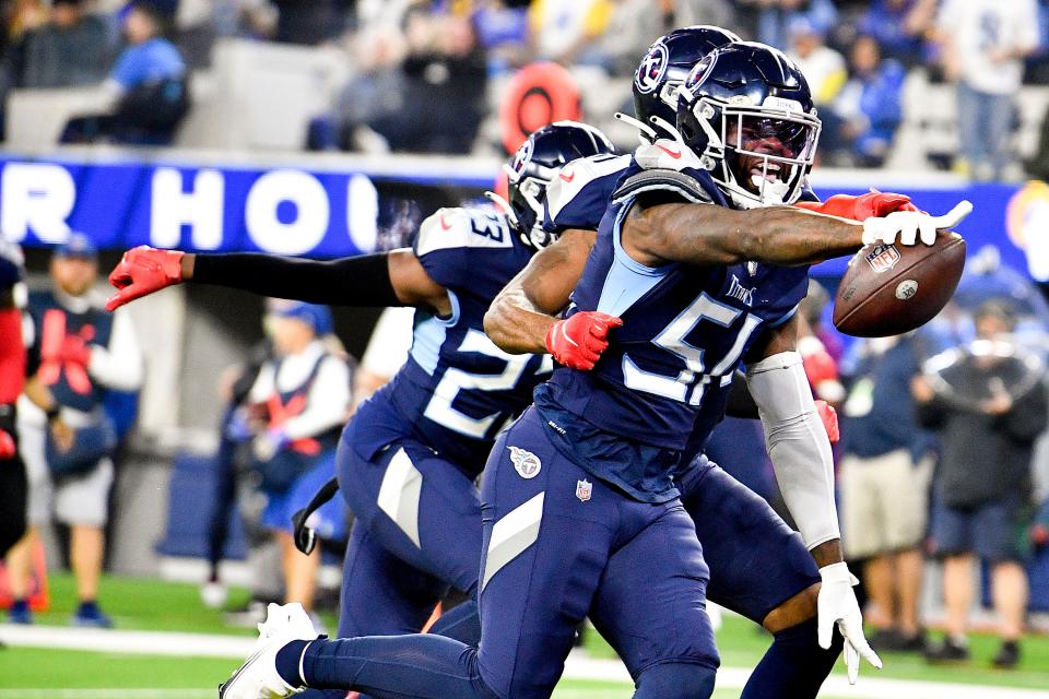 Tennessee Titans linebacker David Long Jr. (51) celebrates his interception during the second quarter at SoFI Stadium Sunday, Nov. 7, 2021 in Inglewood, Calif. 