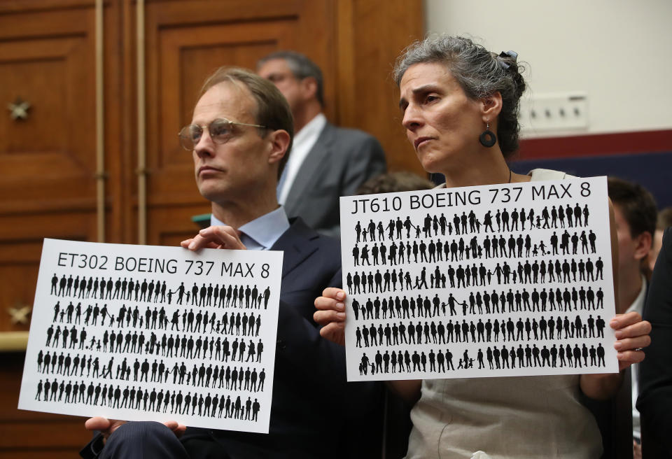 WASHINGTON, DC - JUNE 19: Michael Stumo and his wife Nadia Milleron, parents of Samya Rose Stumo, who was killed when Ethiopian Airlines Flight ET302 crashed, listen to testimony during a House Transportation and Infrastructure Committee hearing on Capitol Hill June 19, 2019 in Washington, DC. The committee heard testimony from officials in the airline industry regarding the status of the grounded Boeing 737 MAX. (Photo by Mark Wilson/Getty Images)