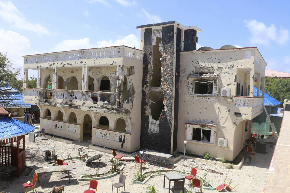 Asasey Hotel  in Kismayo after the attack Saturday July 13, 2019. Somali forces Saturday morning ended an all-night siege on a hotel in the southern port city of Kismayo, in which the death toll has risen to 26 people, including a prominent Canadian-Somali journalist and several foreigners, officials say.(AP Photo)