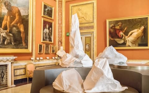 Dust-sheet-covered models of figures by Bernini from Fountains ofthe Four Rivers await the big reveal in the Sala di PariseElena (Room XIX) - Credit: Massimo Siragusa