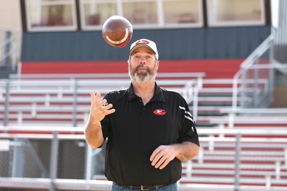 Groom’s Tory Peet was named the Amarillo Globe-News Six-Man Coach of the Year. He’s posing Monday, Jan. 25, 2023 at Tiger Field in Groom, Texas.