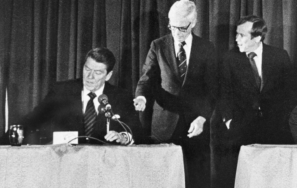 FILE - Republican presidential hopeful Ronald Reagan, from left, Independent candidate John Anderson and Howard Baker appear prior to the scheduled debate between Reagan and George Bush in Nashua, N.H., Feb. 24, 1980. An Associated Press analysis of Gallup data going back to 1980 shows that it's pretty common for third-party candidates to look like they have polling momentum in the months before an election, only to come up far short at the ballot box. (AP Photo, File)