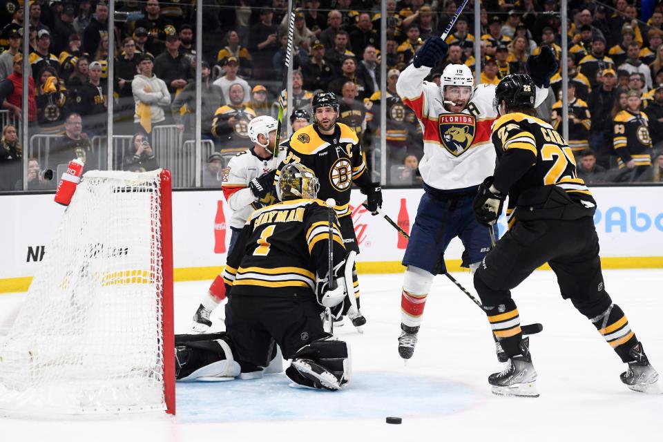 Panthers forward Matthew Tkachuk (19) reacts after a teammate scored the winning goal in overtime against the Bruins in Game 7 of their Stanley Cup playoff.