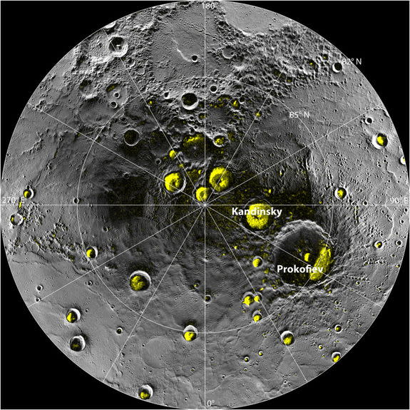 The radar image of Mercury’s north polar region from Image 2.1 is shown superposed on a mosaic of MESSENGER images of the same area. All of the larger polar deposits are located on the floors or walls of impact craters.