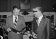 <p>National Security Advisor Zbigniew Brzezinski, left, chats with Israeli Prime Minister Menachem Begin during a breakfast meeting at Blair House in Washington Wednesday, July 20, 1977. Begin is in the Capital for talks with President Jimmy Carter.(Photo: Barry Thumma/AP) </p>