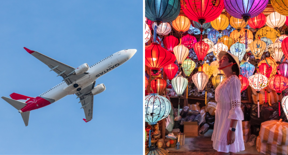 Qantas airplane and tourist in Hanoi. Travel destinations. 