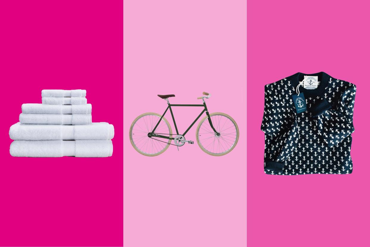 Composite photo of stack of white towels, bicycle and black long sleeve top with print of small white anchors.