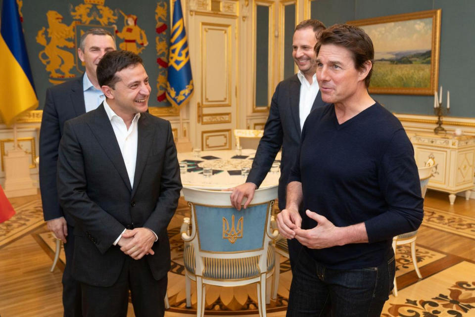 Ukraine's President Volodymyr Zelenskiy meets with actor and producer Tom Cruise in Kiev, Ukraine September 30, 2019. Picture taken September 30, 2019. Ukrainian Presidential Press Service/Handout via REUTERS ATTENTION EDITORS - THIS IMAGE WAS PROVIDED BY A THIRD PARTY. MANDATORY CREDIT.