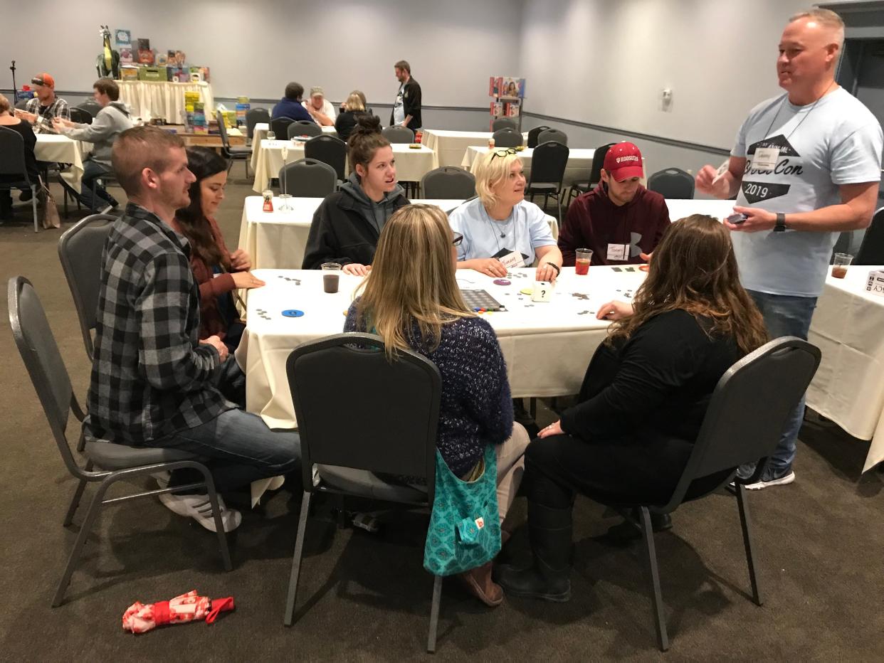 Danny Key introduces a game during a "game speed dating" session at the 2019 BroCoCon.