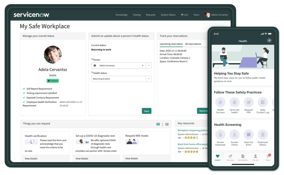 ServiceNow's Safe Workplace Mobile nine-app platform and dashboard can help companies reopening offices with employee contact tracing, vaccination statuses and social distance floorplans.