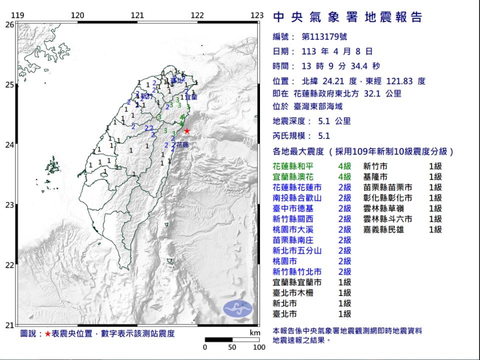 台灣東部海域發生規模5.1地震，最大震度宜蘭、花蓮4級。（圖：氣象署網站）