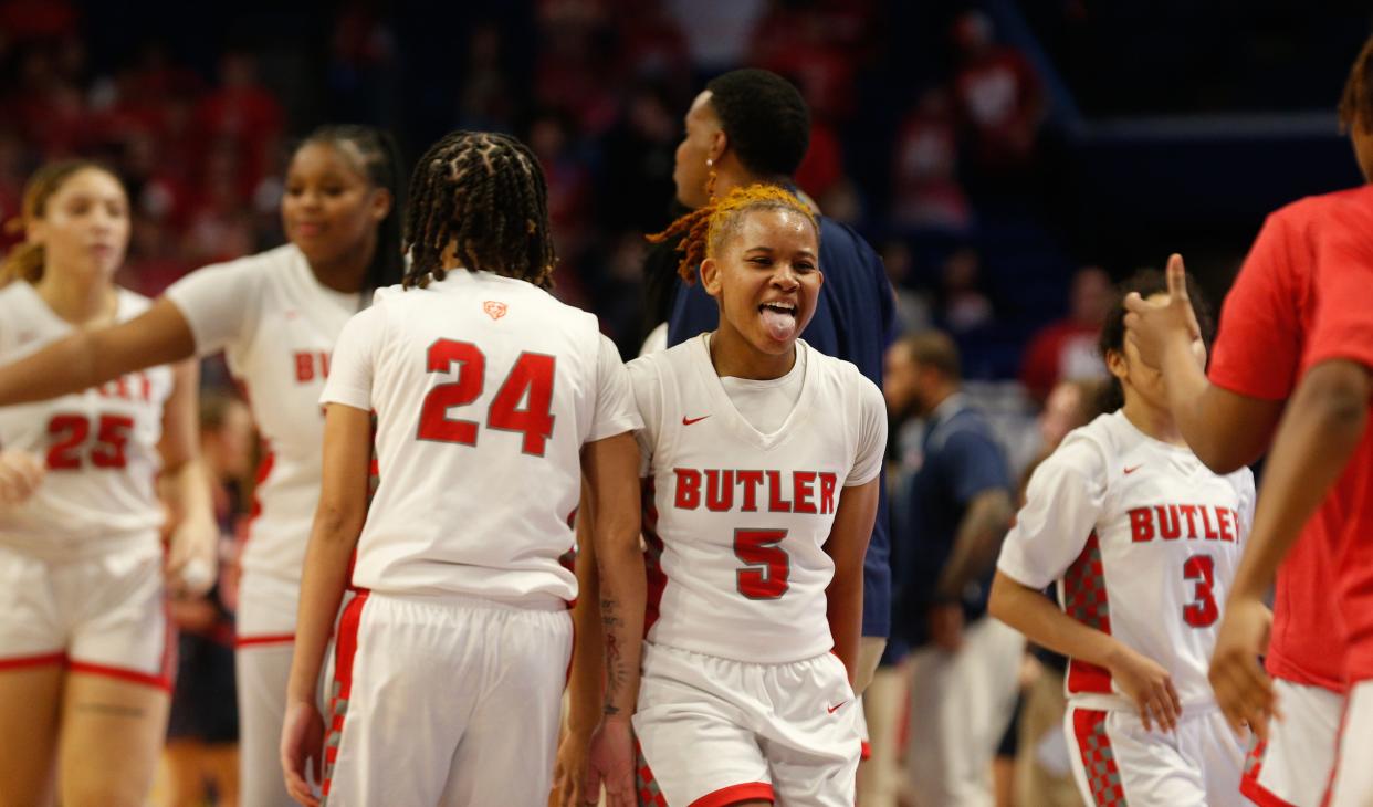 Butler’s Keziah Bradley celebrates after being taken out of the game against Anderson County on Wednesday during a first-round Sweet 16 contest in Lexington.