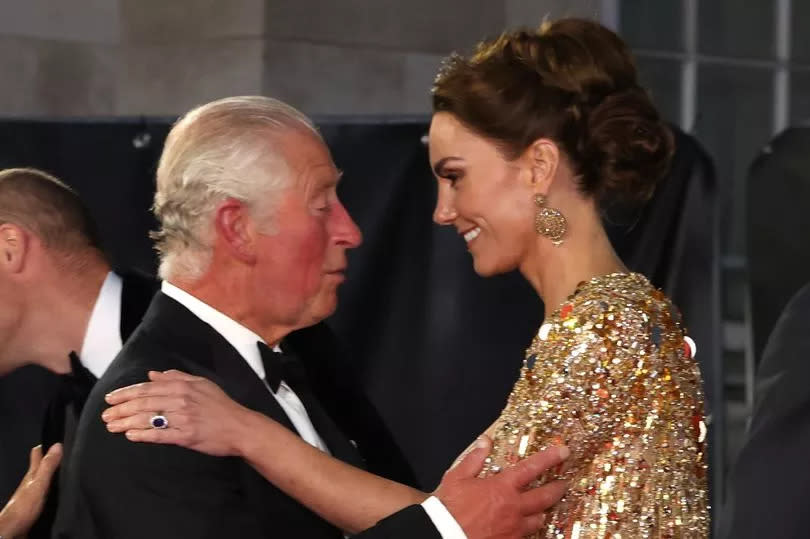 LONDON, ENGLAND - SEPTEMBER 28: Prince Charles, Prince of Wales, and Catherine, Duchess of Cambridge attend the No Time To Die World Premiere at Royal Albert Hall on September 28, 2021 in London, England. (Photo by Chris Jackson - WPA Pool/Getty Images)