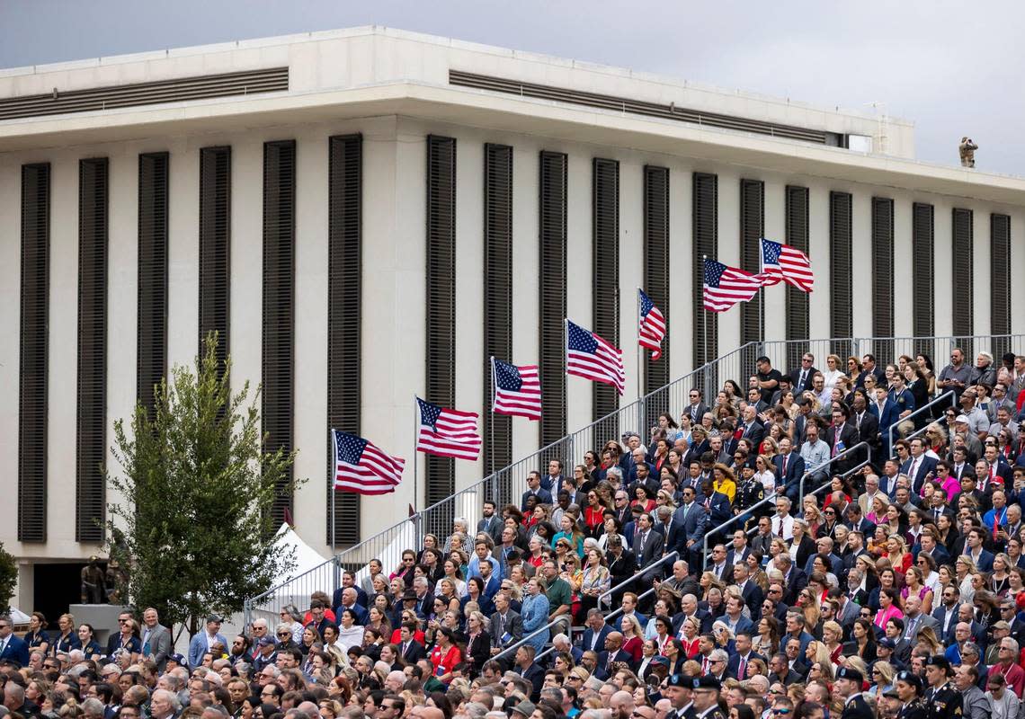 People attend the inauguration ceremony for Florida Gov. Ron DeSantis at the Historic Capitol in Tallahassee on Tuesday, Jan. 3, 2023.
