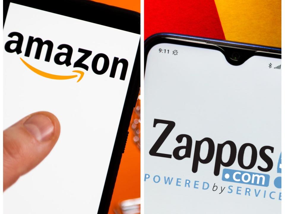 picture collage of Amazon and Zappos logos on cell phones.