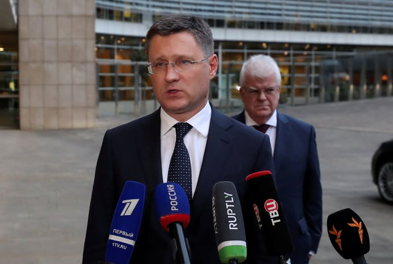 FILE PHOTO: Russian Energy Minister Alexander Novak speaks with the media outside the EU Commission headquarters in Brussels