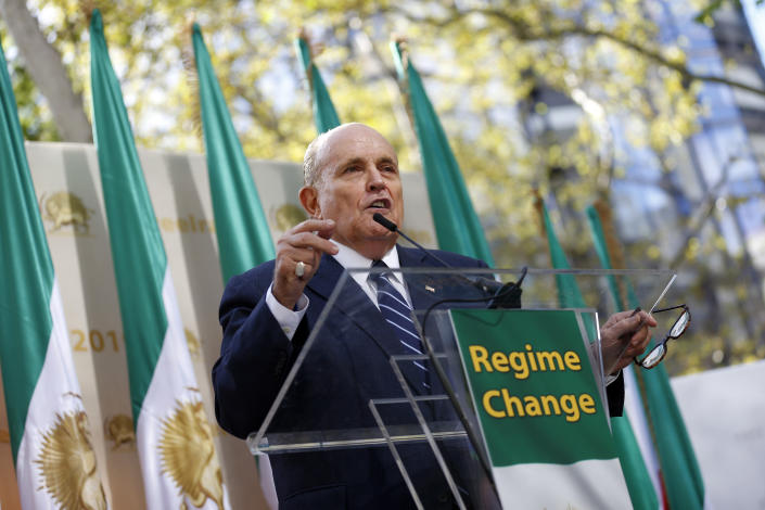 Former New York Mayor Rudy Giuliani speaks at a rally supporting a regime change in Iran outside United Nations headquarters on the first day of the general debate at the U.N. General Assembly, Tuesday, Sept. 24, 2019, in New York. (AP Photo/Jason DeCrow)