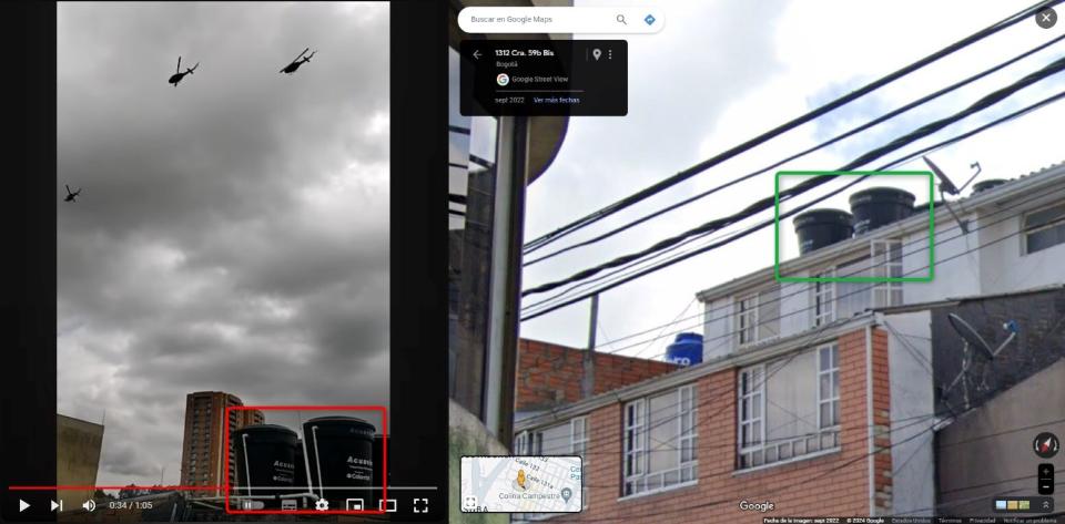 <span>Comparación entre una captura del video viral y una imagen en Google Street View, hecha el 29 de mayo de 2024</span>