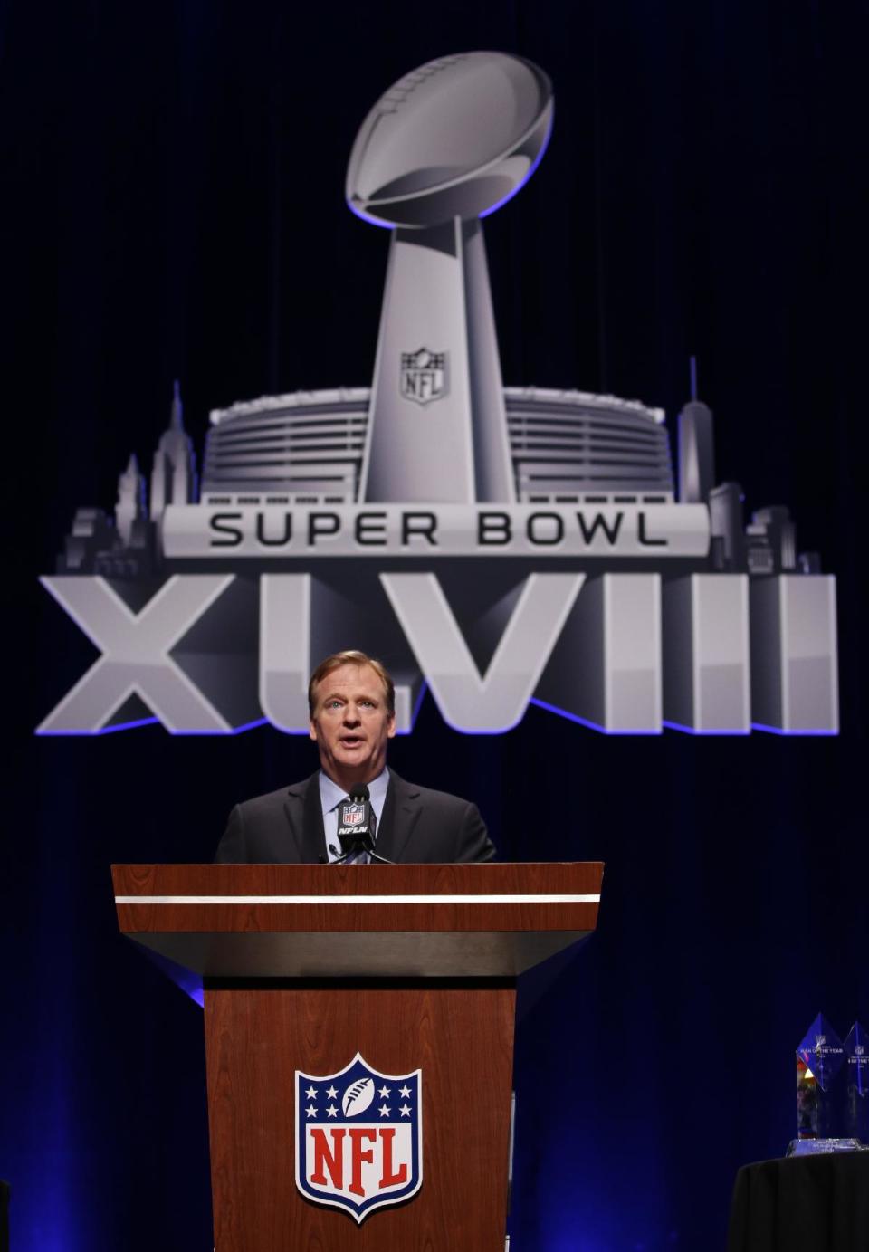 NFL comissioner Roger Goodell speaks at a news conference Friday, Jan. 31, 2014, in New York. The Seattle Seahawks are scheduled to play the Denver Broncos in the NFL Super Bowl XLVIII football game on Sunday, Feb. 2, at MetLife Stadium in East Rutherford, N.J. (AP Photo/Matt Slocum)