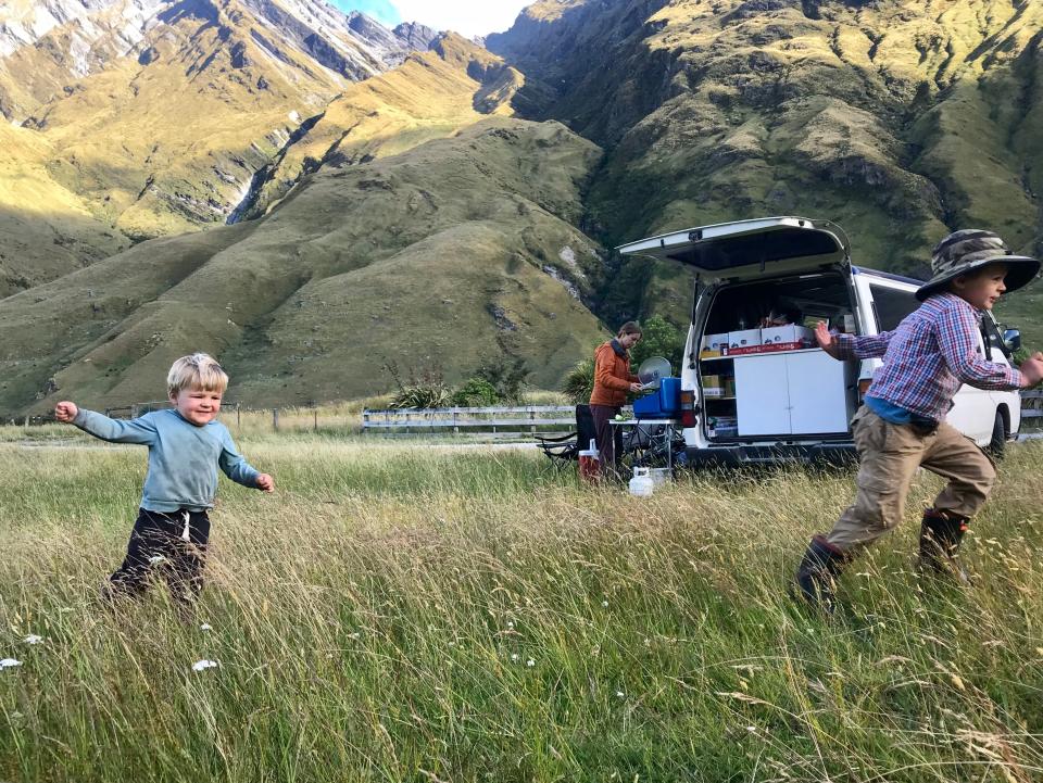 Huxley and Dawson Farrell and Caroline Van Hemert in Mount Aspiring National Park, New Zealand.