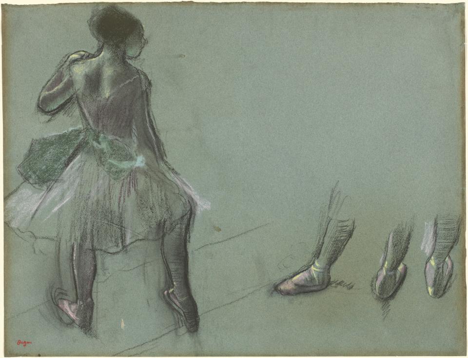 Edgar Degas, Dancer Seen from Behind and Three Studies of Feet, c. 1878. Black chalk and pastel on blue-gray laid paper; overall: 45.6 x 59.8 cm (17 15/16 x 23 9/16 in.). National Gallery of Art, Washington, Gift of Myron A. Hofer in memory of his mother, Mrs. Charles Hofer