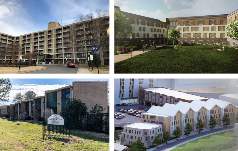 519 E. Main Street (top) and Liberty Street Apartments (bottom) pictured today and with renderings of the revitalization plans.