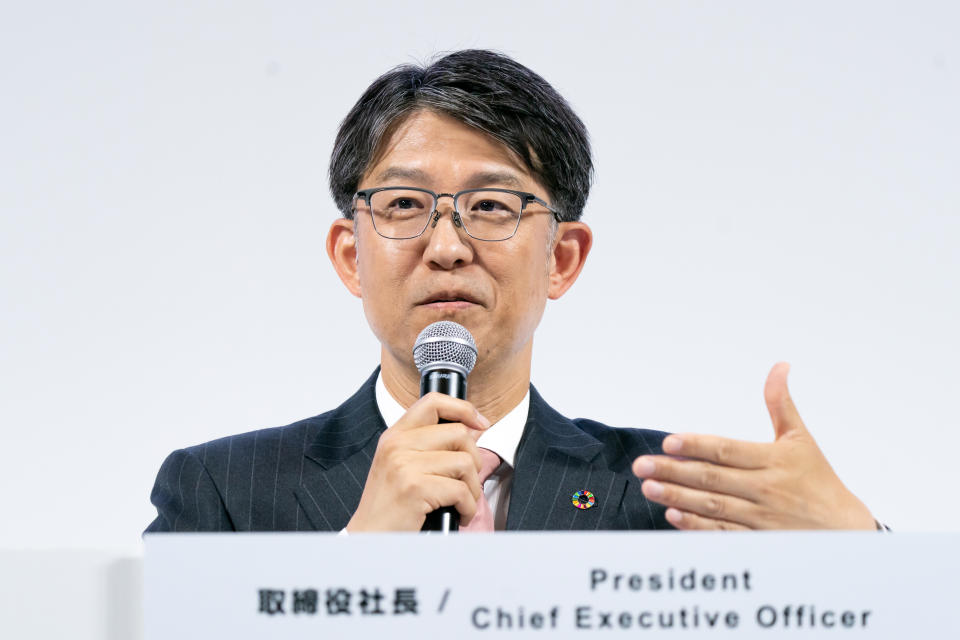 TOKYO, JAPAN - MAY 08: Toyota Motor Corp. President and CEO Koji Sato speaks during a press conference on May 08, 2024 in Tokyo, Japan. The Japanese automaker announced its full-year financial results today reporting a record annual operating profit of 5.35 trillion yen.  (Photo by Tomohiro Ohsumi/Getty Images)